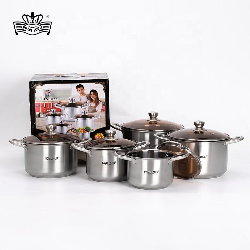 ROYAL LOUIS Hot Selling 10 Pcs Stainless Steel Cooking Pot Set Cookware Sets With Glass Cover Soup Pot New Jonny Kitchenware