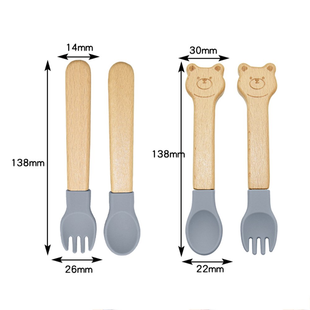 Eco Friendly Non-Toxic Baby silicone Dinnerware Wooden Handle Silicone Spoon And Fork Set