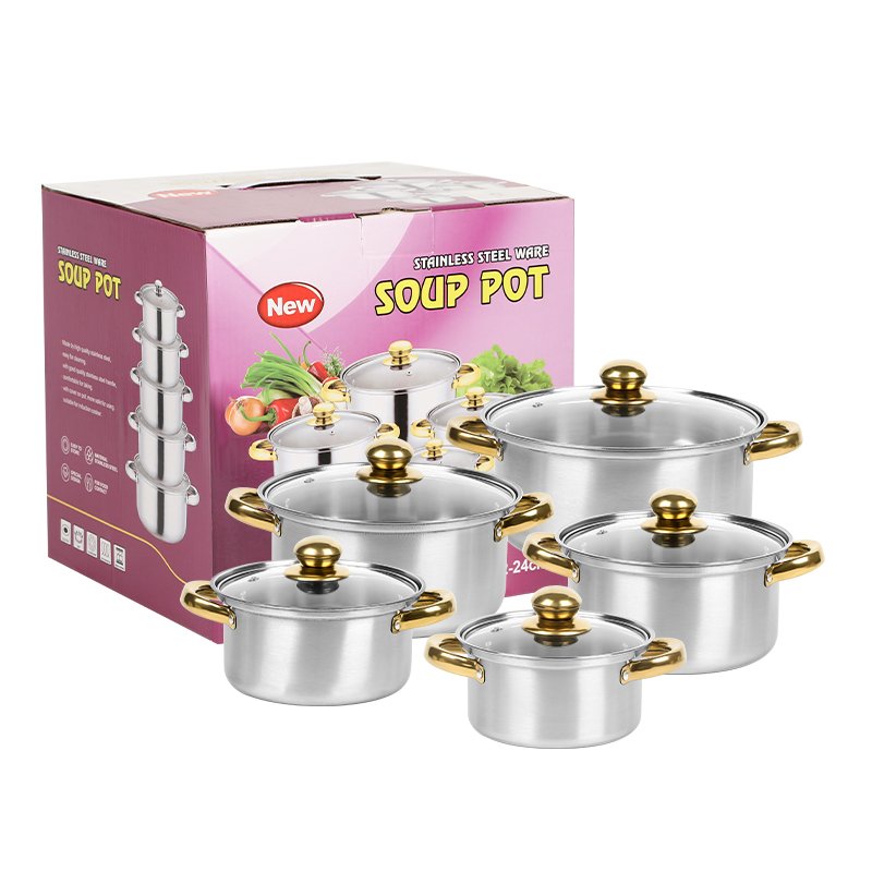 Hot Sale 10pcs Stainless Steel pots Gold Handle Kitchen Cookware Sets Induction Cooking Pots Glass Casserole Collection