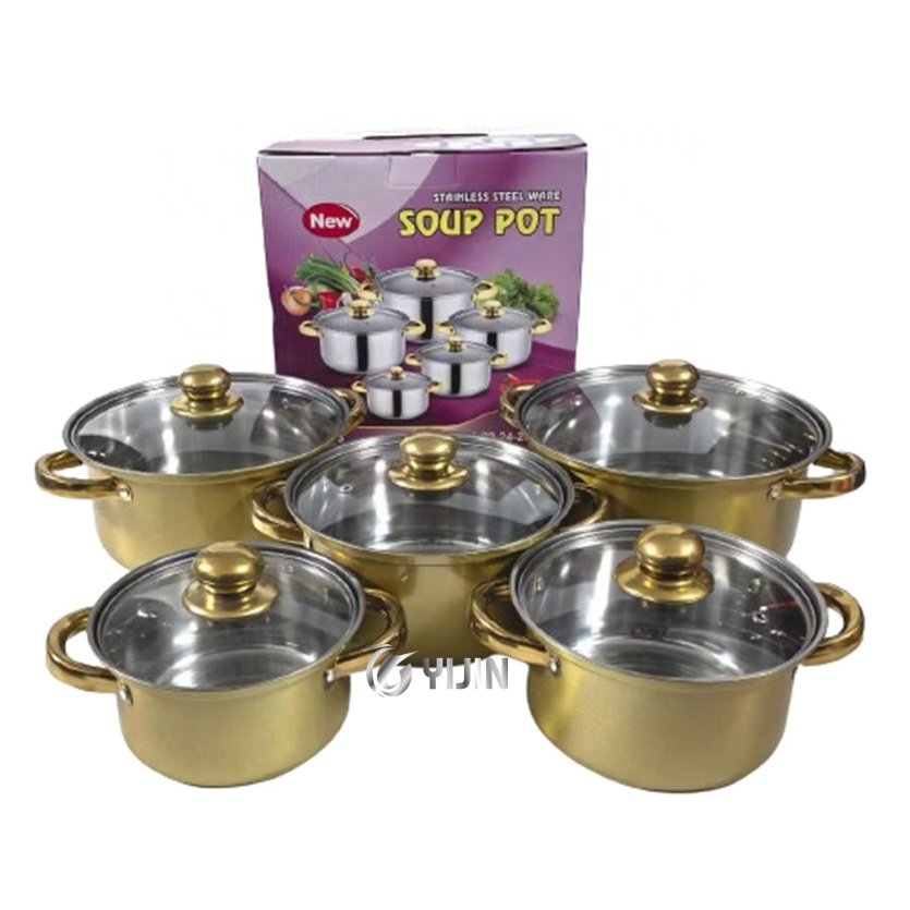 Factory kitchen 10pcs Cooking Pot Double Handle Stainless Steel Cookware Sets with Glass Lid