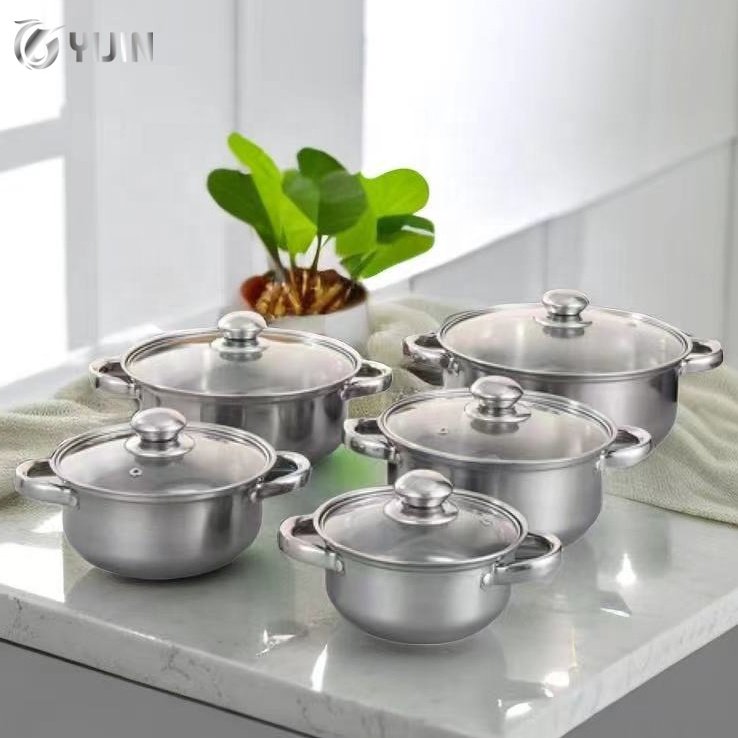 Factory kitchen 10pcs Cooking Pot Double Handle Stainless Steel Cookware Sets with Glass Lid