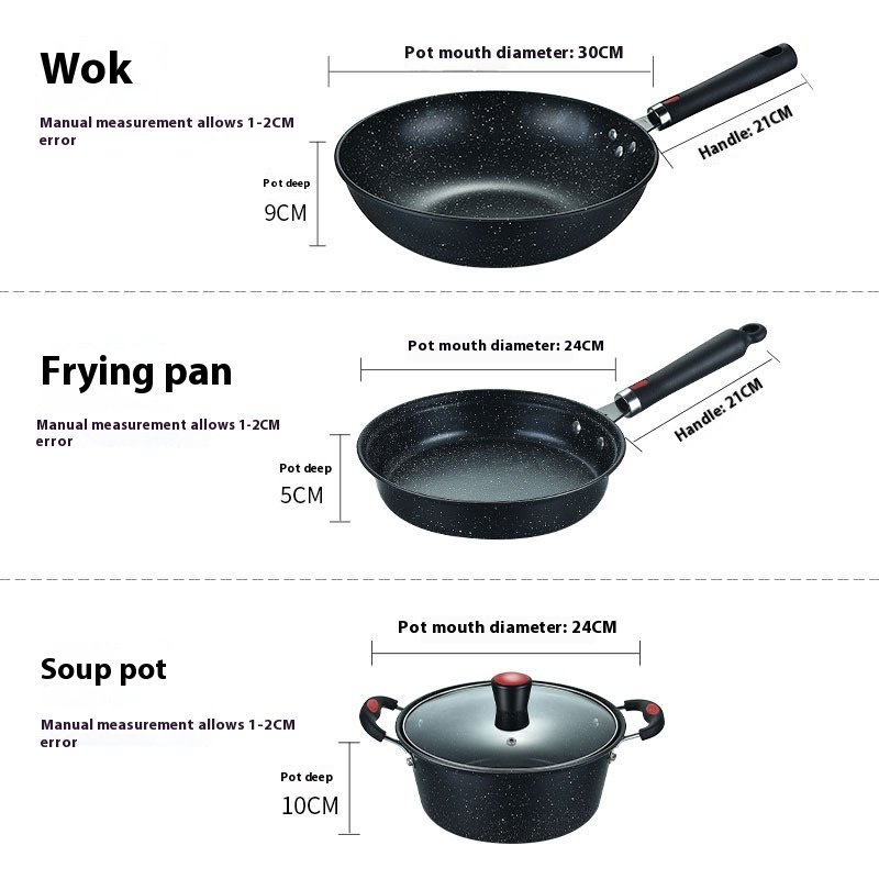 Three-Piece Household Medical Non-Stick Stone Pot Set for Kitchen Cooking with Wok Pan and Gift Box Combination