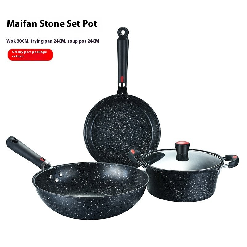 Three-Piece Household Medical Non-Stick Stone Pot Set for Kitchen Cooking with Wok Pan and Gift Box Combination