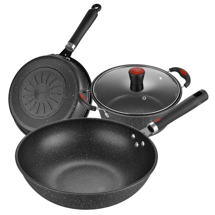 Three-Piece Household Medical Non-Stick Stone Pot Set for Kitchen Cooking with Wok Pan and Gift Box Combination