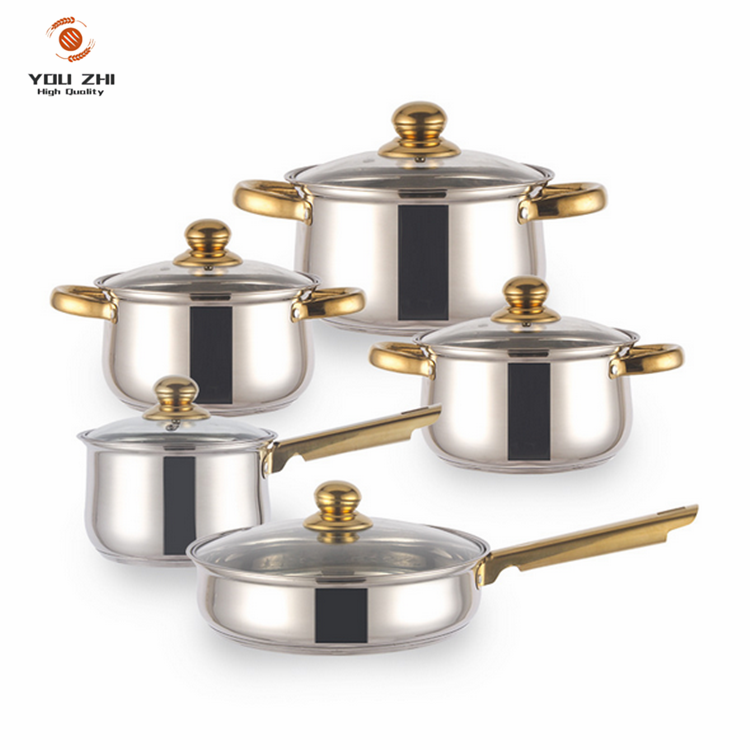 12pc Novelty Design Stainless Steel Cookware Set with Glass Lid Non-Stick Kitchen Pans Casserole Stockpot Golden Handle Home Use