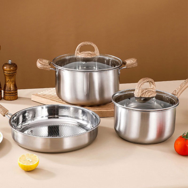 Drop Shipping Wok Stainless Steel Frying Pan Milk Pan Cooking Pot Set Soup Pan 6-piece Set Cookware Sets