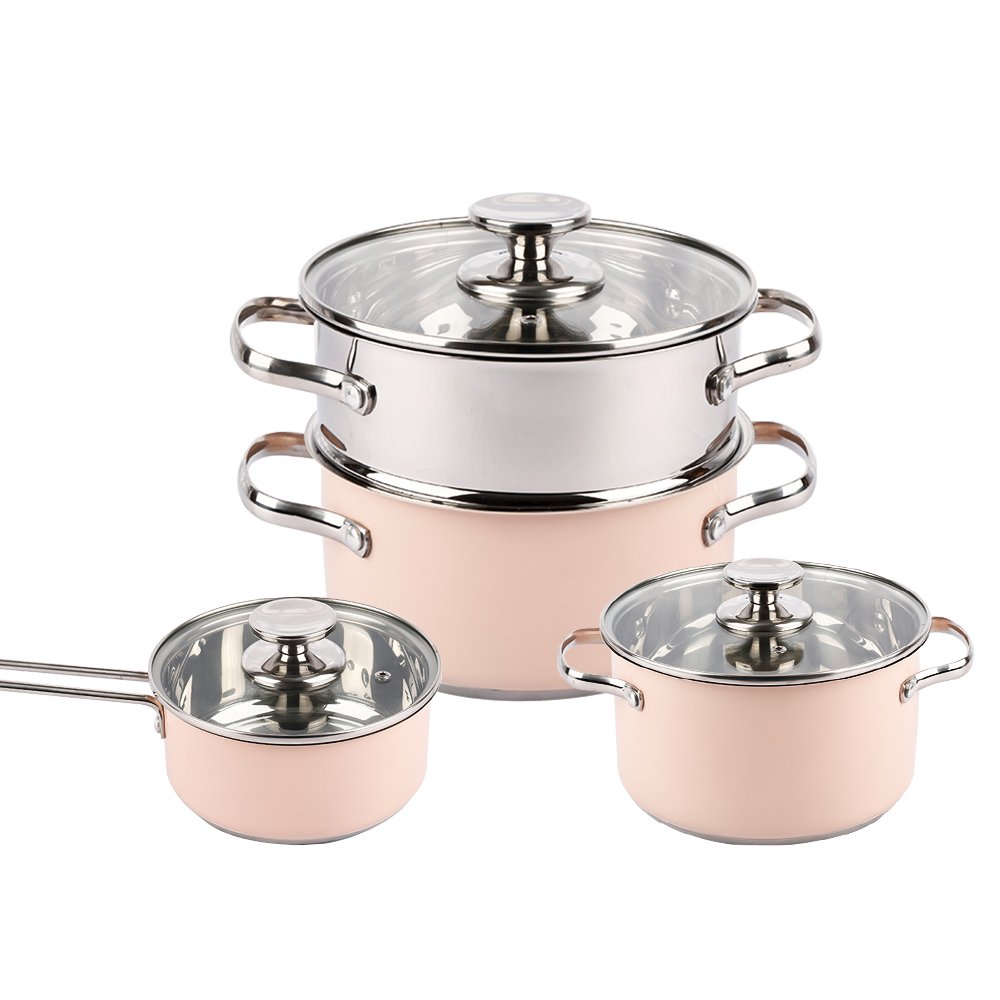 Customized Stainless Steel Kitchenware Non Stick Cookware Set Cooking Pot Set Induction Pink Pots And Pans