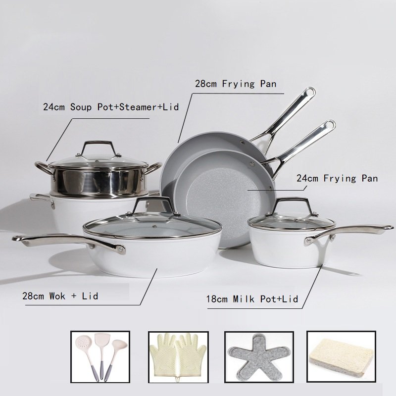 17pcs Non-stick Aluminium Ceramic Cookware Set Household Multi-functional Induction Pot and Pans Set With Stainless Steel Handle