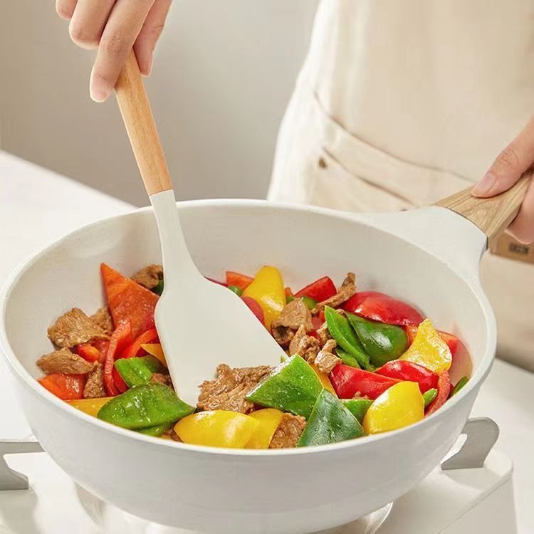Hot Sale Factory Price Wooden Handle White Food Grade Silicone Kitchen Utensil Non Stick Cookware Set Spoon Spatula