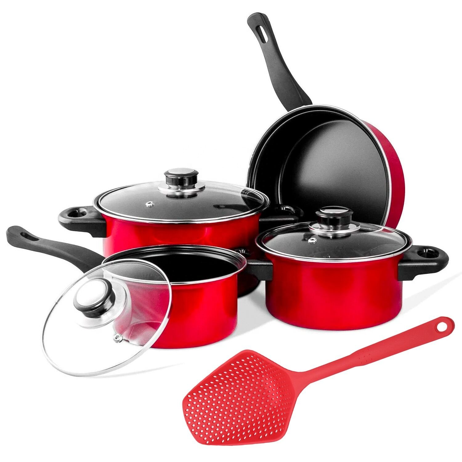 8 PCS Non-Stick Carbon Steel Coating Cookware Set With Nylon Strainer Scoop Stockpot Frying pan