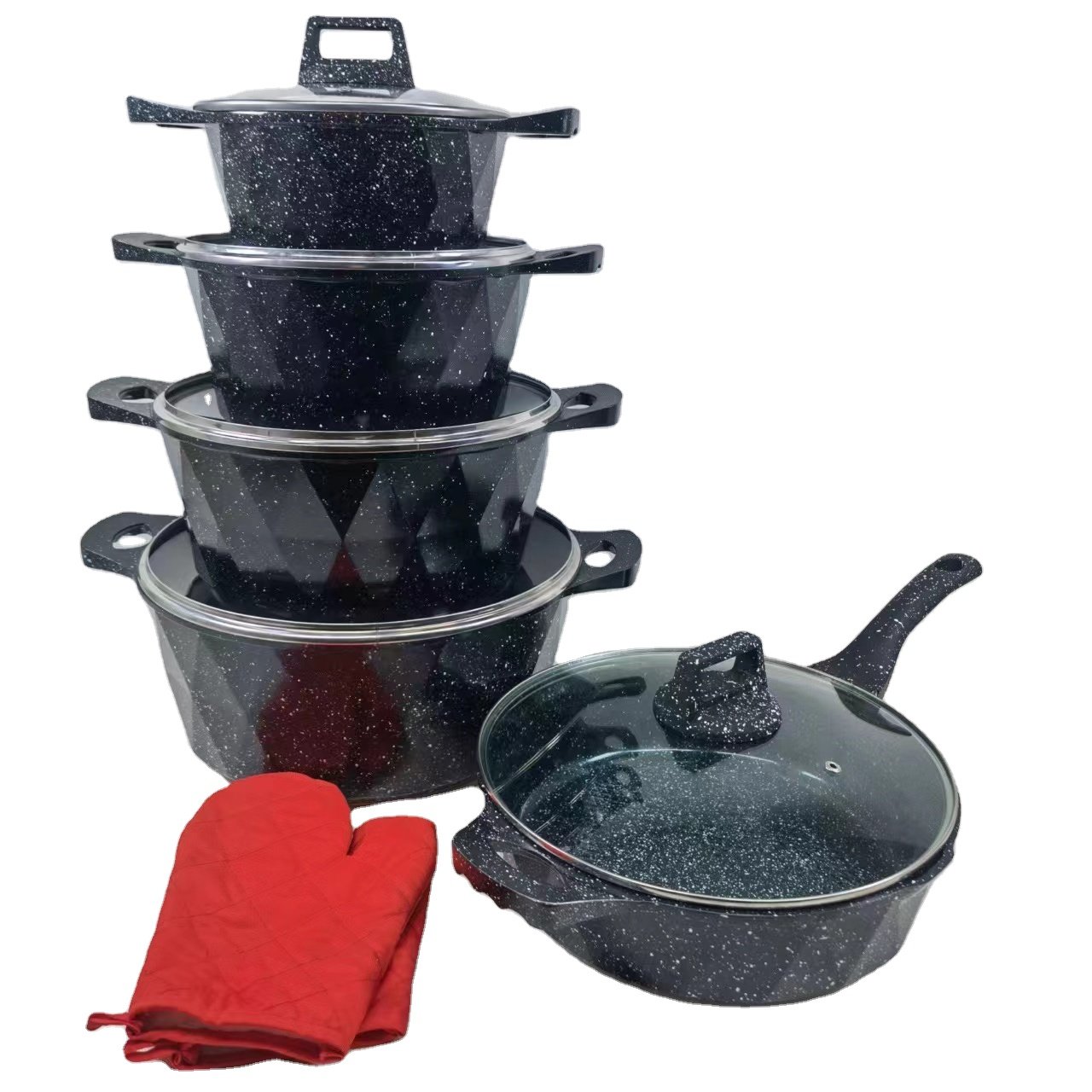 Design 12 Pieces 20/24/28/32cm Set Die Cast Aluminium Casserole Granite Look Cooking Pot Cookware Sets