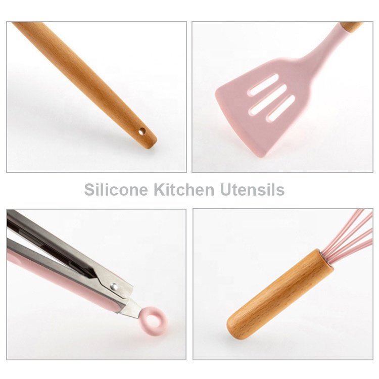 JHY China 12pcs Hot Selling Wooden Handle Silicone Kitchen Cookware Cooking Utensils Set