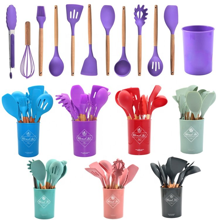 JHY China 12pcs Hot Selling Wooden Handle Silicone Kitchen Cookware Cooking Utensils Set