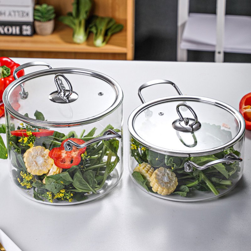 Hot Sale High Quality New Design Borosilicate Clear Glass Cooking Pot Cookware Set with Wooden Handles