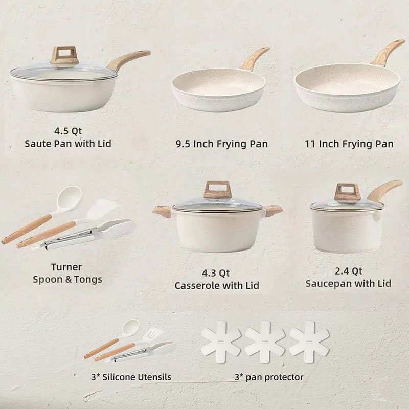 Wholesale 12 Pieces White Granite Kitchen Cooking Pan Pot Set Non Stick Cookware Sets with Wood Handle