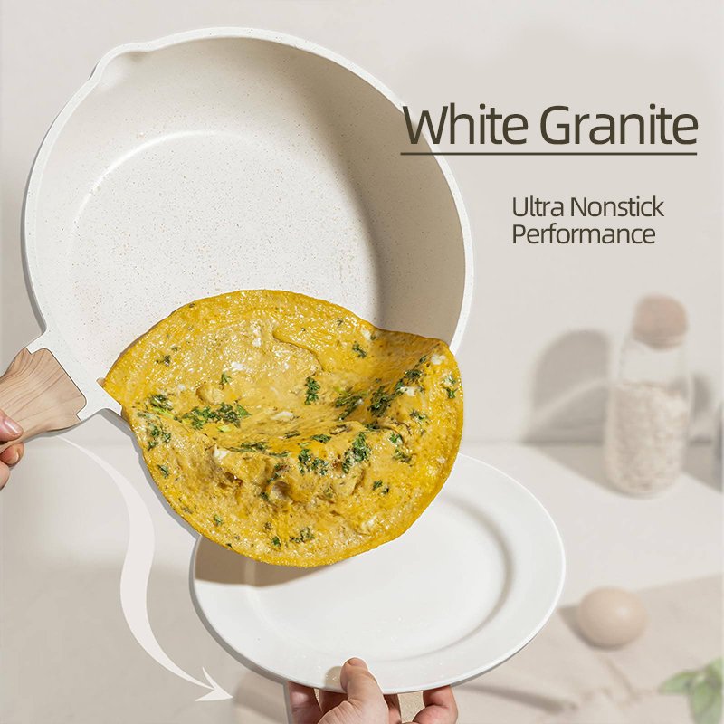 Wholesale 12 Pieces White Granite Kitchen Cooking Pan Pot Set Non Stick Cookware Sets with Wood Handle