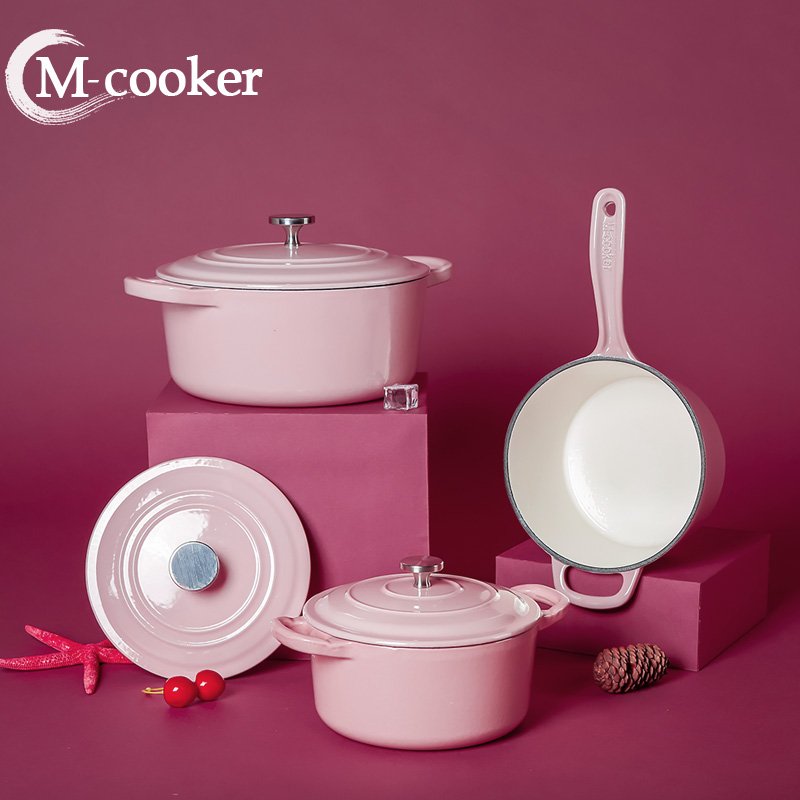 M-cooker kitchen cookware set pink cooking enamel pot cast iron casserole set