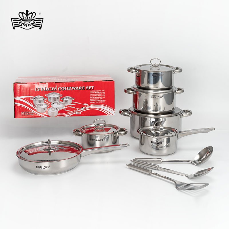 15PCS Stainless steel cookware set kitchen utensils hot selling cooking tools and potsand pans with induction base and color box