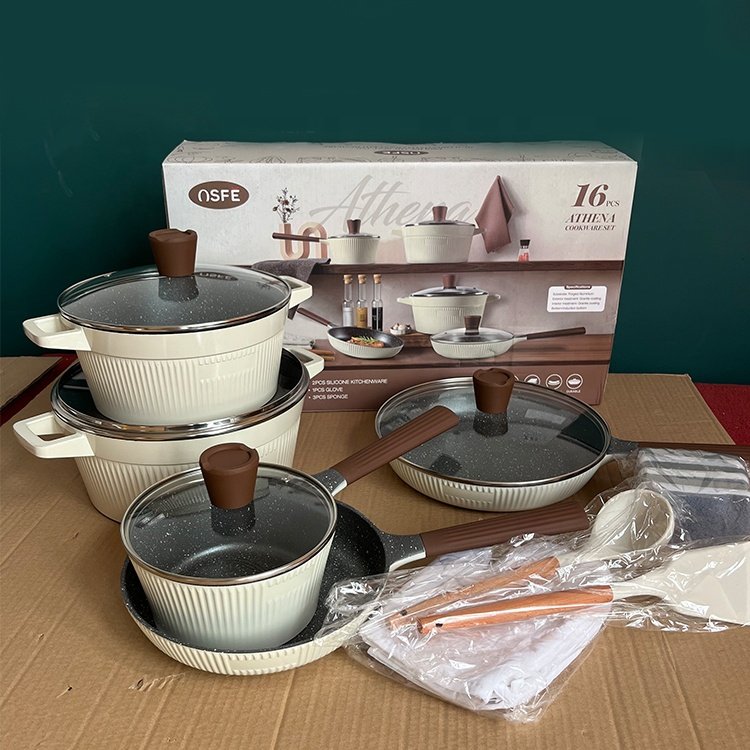 hot seller nonstick marble coating new design 16pcs set aluminium cookware set with induction bottom