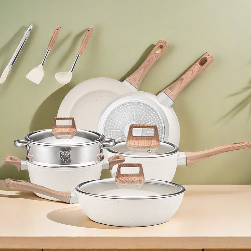 Wooden Handle Kitchen Ware Non Stick Cookware Set Cooking, 12 pieces Aluminum Cookware Pots and Pans Set