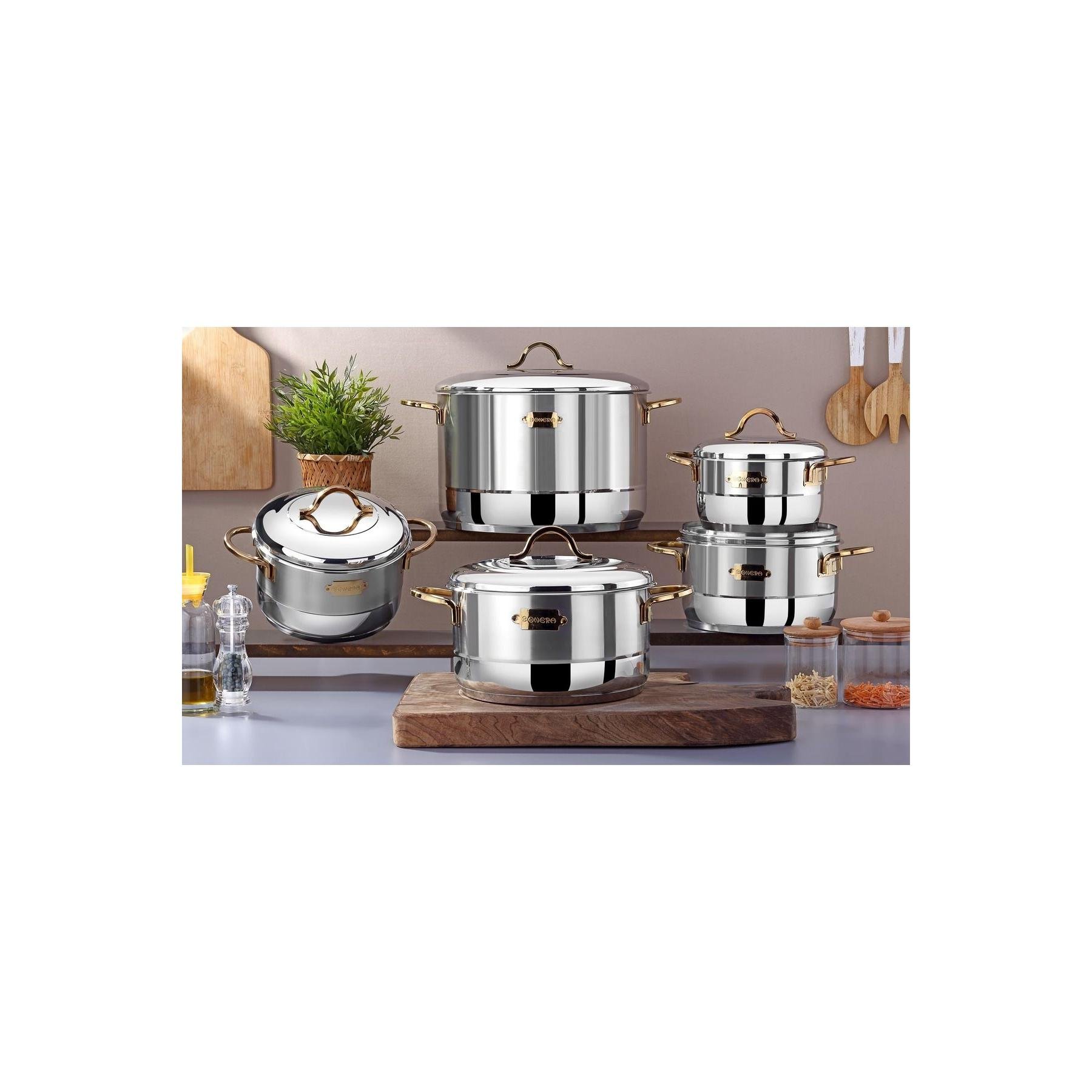 10 Pcs Stainless Steel Cookware Set Nirvanae With Gold Handle High Quality Stainless Steel 304-18/10