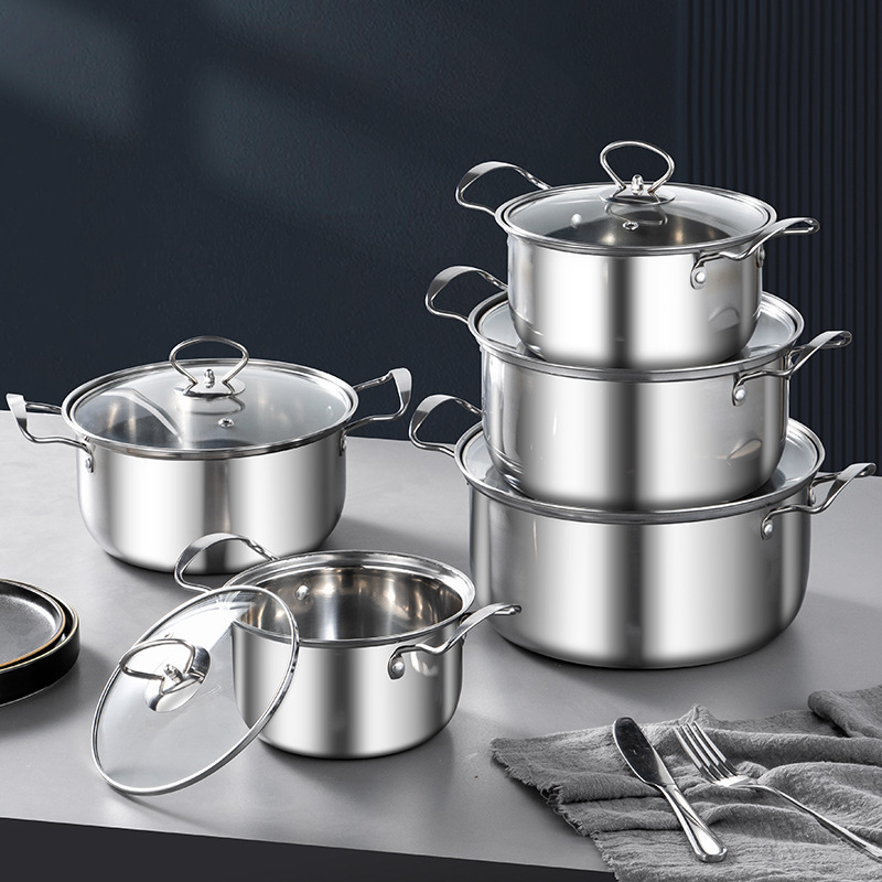 10pcs Stainless Steel Casserole Cooking Pot Set Cast Iron Kitchen Pans Soup Pot Stock Pot Cast Cookware Set