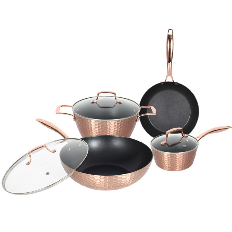 New Style Hammered Copper Non Stick Cookware Set Pot 8 Pieces Copper Cookware Pans and Pots Set