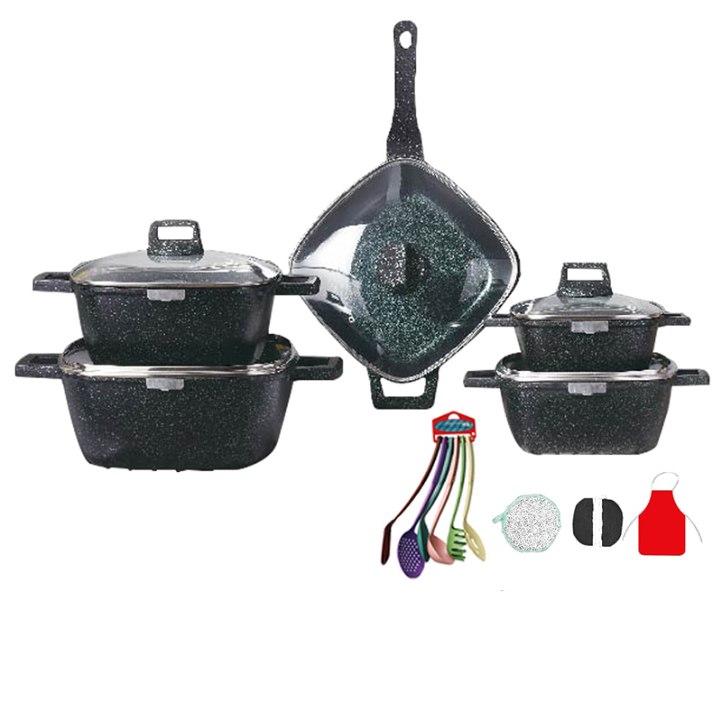 21 Pcs Square Wok Non Stick Pot Set Cookware Sets with Kitchen Utensils Modern Sustainable Glass Cover High Quality Aluminum