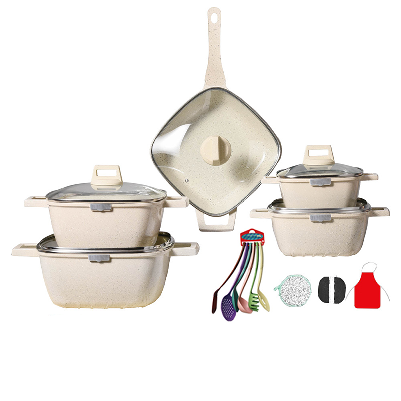 21 Pcs Square Wok Non Stick Pot Set Cookware Sets with Kitchen Utensils Modern Sustainable Glass Cover High Quality Aluminum