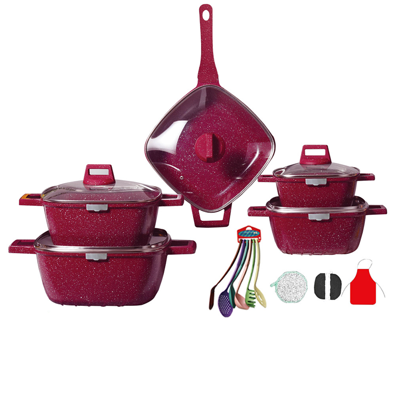 21 Pcs Square Wok Non Stick Pot Set Cookware Sets with Kitchen Utensils Modern Sustainable Glass Cover High Quality Aluminum
