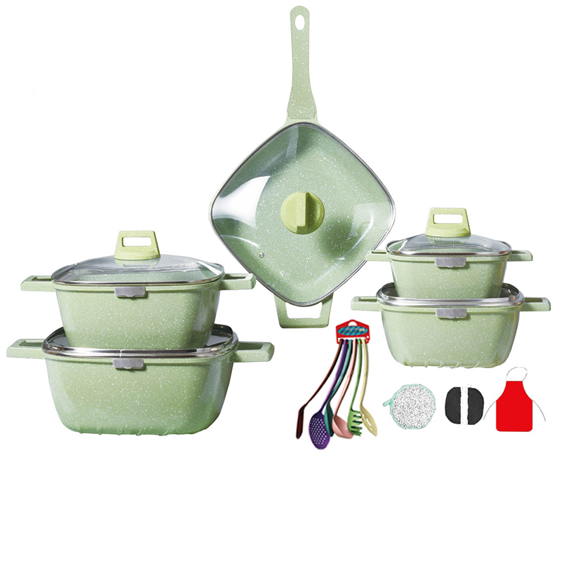 21 Pcs Square Wok Non Stick Pot Set Cookware Sets with Kitchen Utensils Modern Sustainable Glass Cover High Quality Aluminum