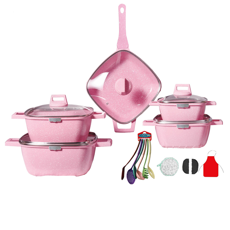 21 Pcs Square Wok Non Stick Pot Set Cookware Sets with Kitchen Utensils Modern Sustainable Glass Cover High Quality Aluminum
