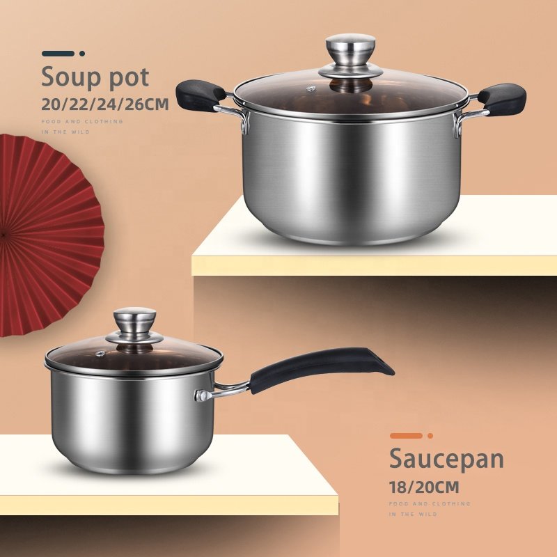 5PCS Luxury Double Bottom Cooking Pot Set Stainless Steel Kitchen Ware Set Soup pot and Saucepan Cookware Set With Glass Lid