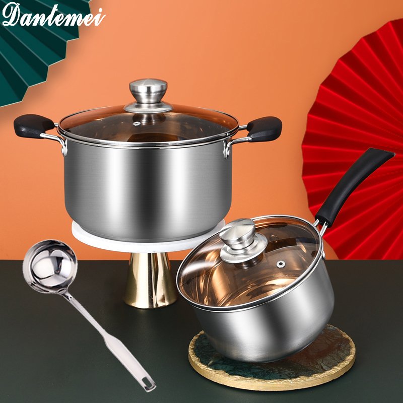 5PCS Luxury Double Bottom Cooking Pot Set Stainless Steel Kitchen Ware Set Soup pot and Saucepan Cookware Set With Glass Lid