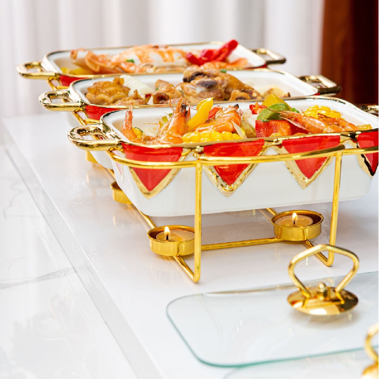 3pcs Golden baking dishes and trays Rectangle kitchen cookware set ceramic with lid Three Compartments for Dry Soup or Baking