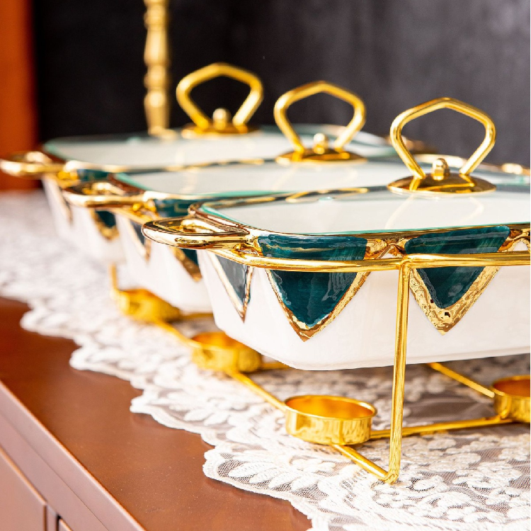 3pcs Golden baking dishes and trays Rectangle kitchen cookware set ceramic with lid Three Compartments for Dry Soup or Baking