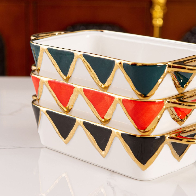 3pcs Golden baking dishes and trays Rectangle kitchen cookware set ceramic with lid Three Compartments for Dry Soup or Baking