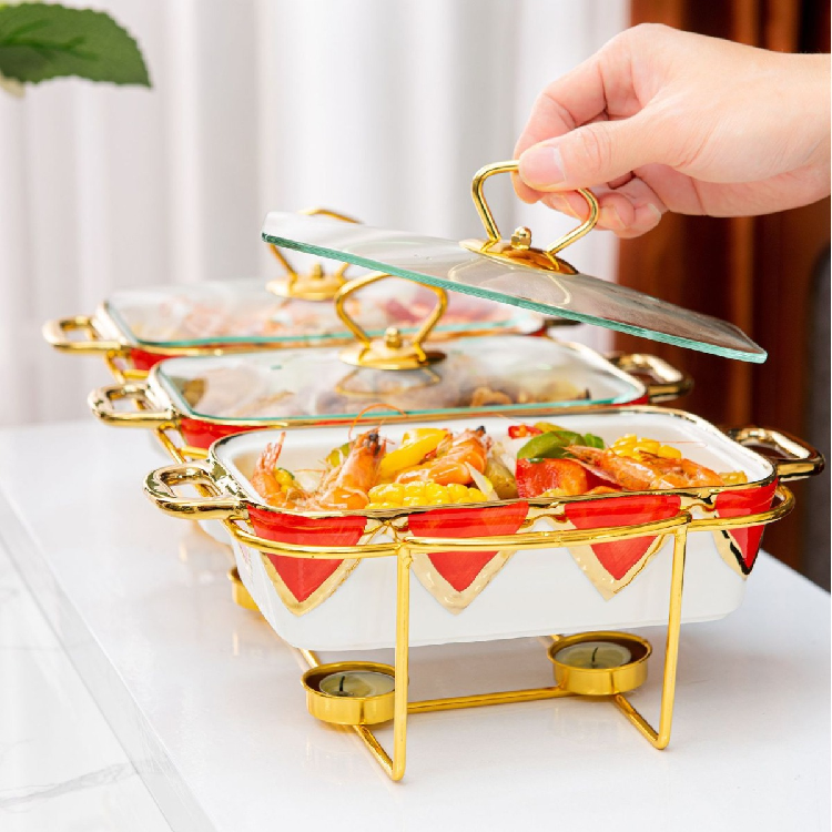 3pcs Golden baking dishes and trays Rectangle kitchen cookware set ceramic with lid Three Compartments for Dry Soup or Baking