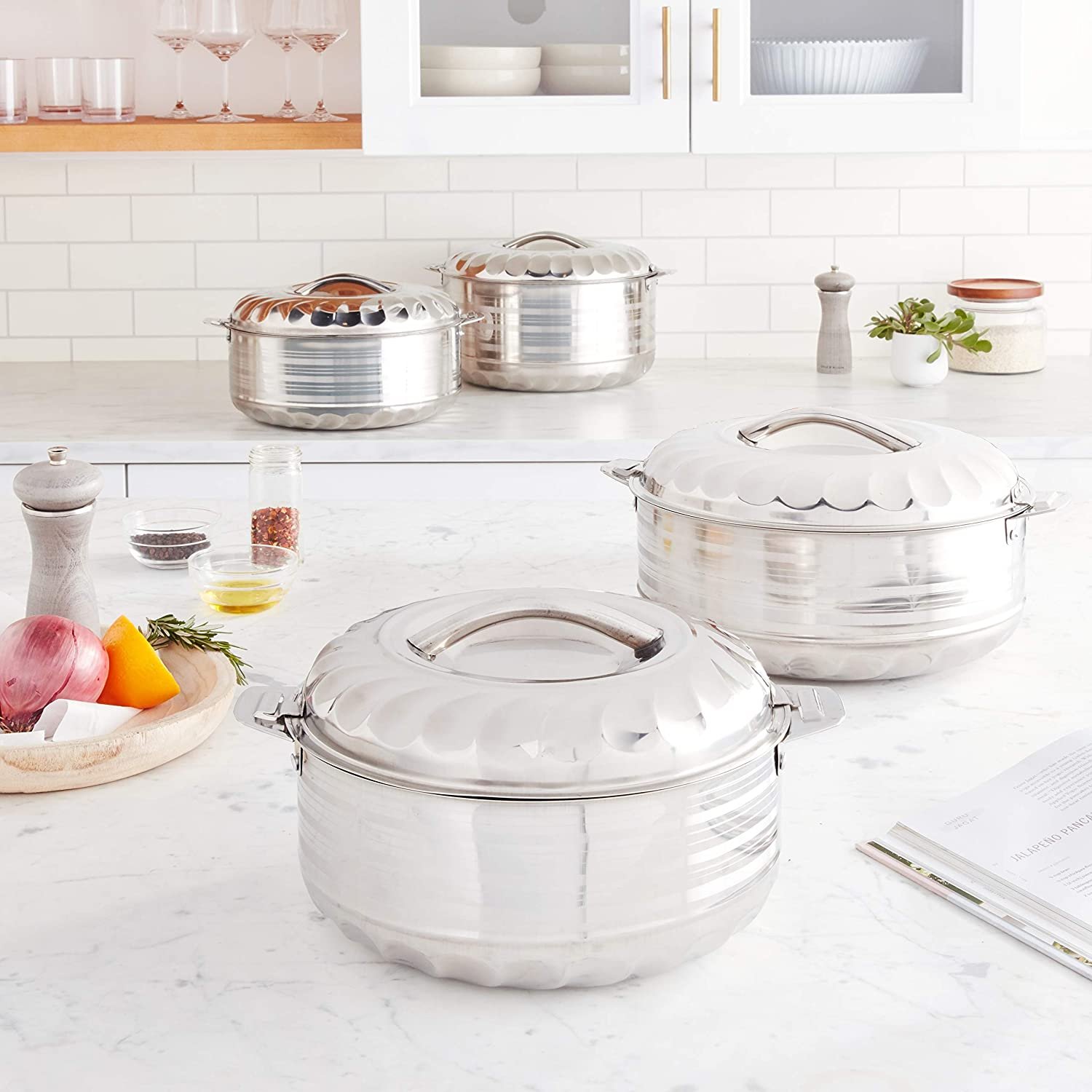 Top Sale Kitchen Cookware Set Customized Logo Stainless Steel Casseroles 3Pcs Food Warmer Hot Pot Set