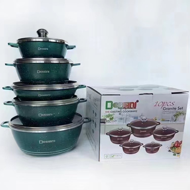 Die Cast Dessini Granite Coating 10PCS Nonstick Casserole Non Stick Aluminium Cooking Pot Cookware Set with Glass Lid