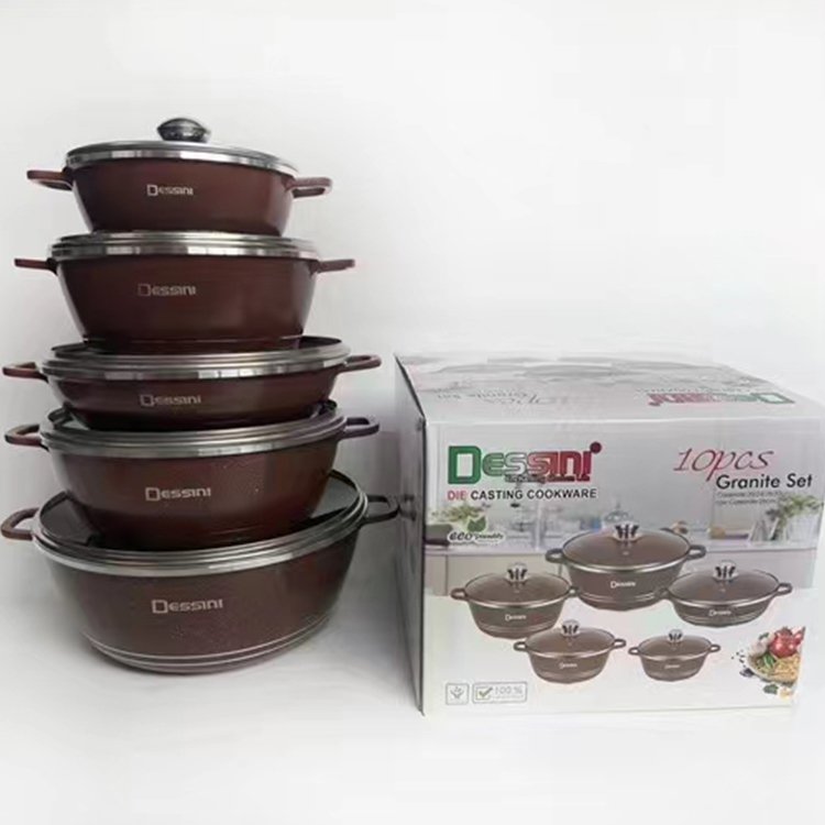 Die Cast Dessini Granite Coating 10PCS Nonstick Casserole Non Stick Aluminium Cooking Pot Cookware Set with Glass Lid