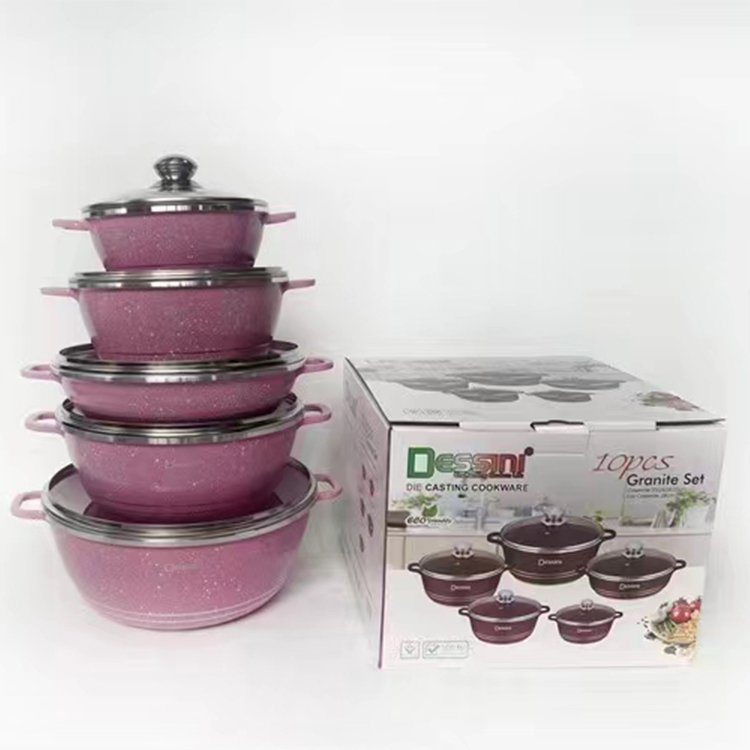 Die Cast Dessini Granite Coating 10PCS Nonstick Casserole Non Stick Aluminium Cooking Pot Cookware Set with Glass Lid