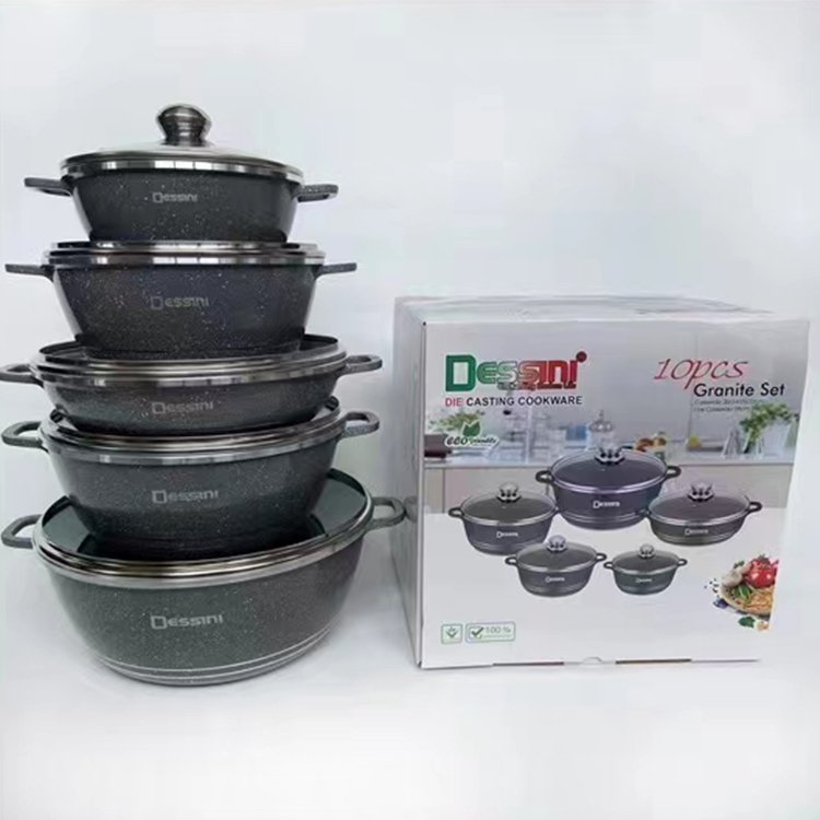 Die Cast Dessini Granite Coating 10PCS Nonstick Casserole Non Stick Aluminium Cooking Pot Cookware Set with Glass Lid