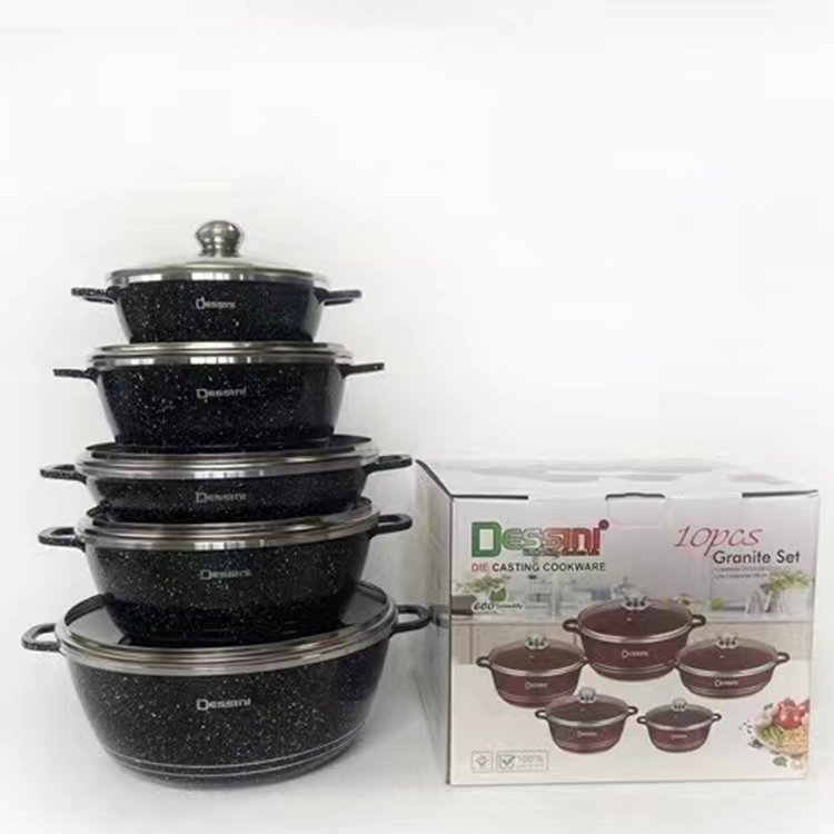 Die Cast Dessini Granite Coating 10PCS Nonstick Casserole Non Stick Aluminium Cooking Pot Cookware Set with Glass Lid