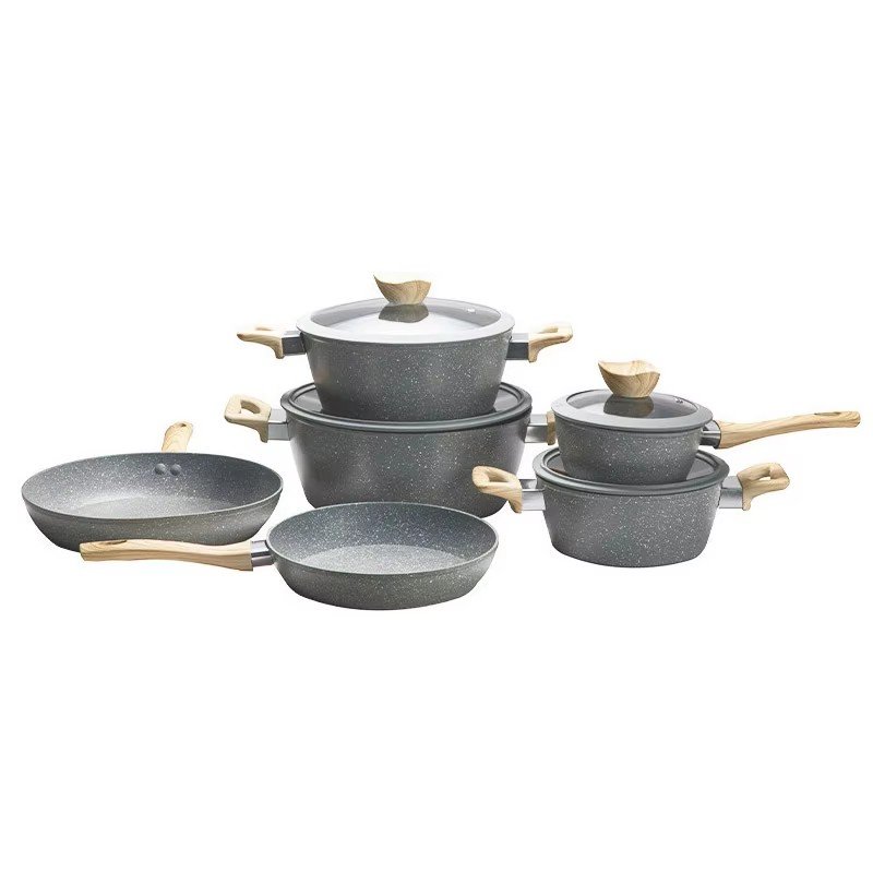 ASSMILE Customized Logo 10 pieces Non Stick Cookware Set New Arrival Home Use Aluminium Alloy Wooden Handle Cookware Set