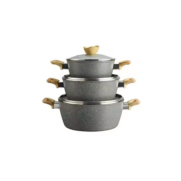 ASSMILE Customized Logo 10 pieces Non Stick Cookware Set New Arrival Home Use Aluminium Alloy Wooden Handle Cookware Set