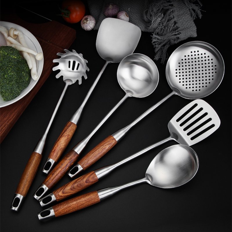 High Quality Stainless Steel 304 Kitchen Utensil Set Of 6pcs Wooden Handle Cookware Set