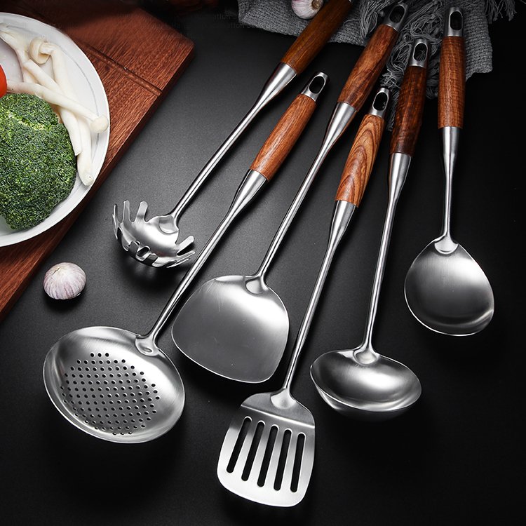 High Quality Stainless Steel 304 Kitchen Utensil Set Of 6pcs Wooden Handle Cookware Set