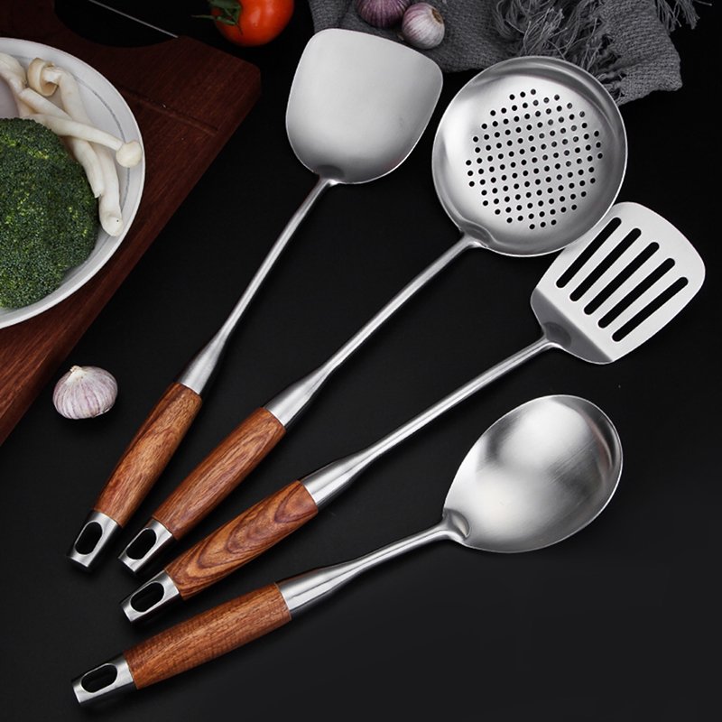 High Quality Stainless Steel 304 Kitchen Utensil Set Of 6pcs Wooden Handle Cookware Set