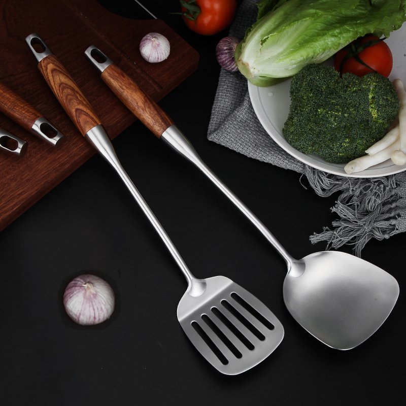 High Quality Stainless Steel 304 Kitchen Utensil Set Of 6pcs Wooden Handle Cookware Set